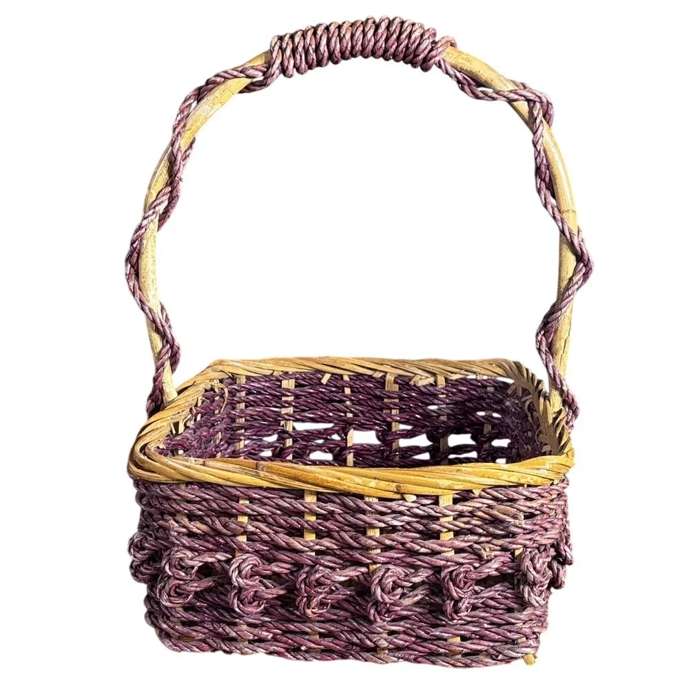 Vintage Woven Twisted Handle Basket Purple & Natural Colors Easter Spring‎ Decor